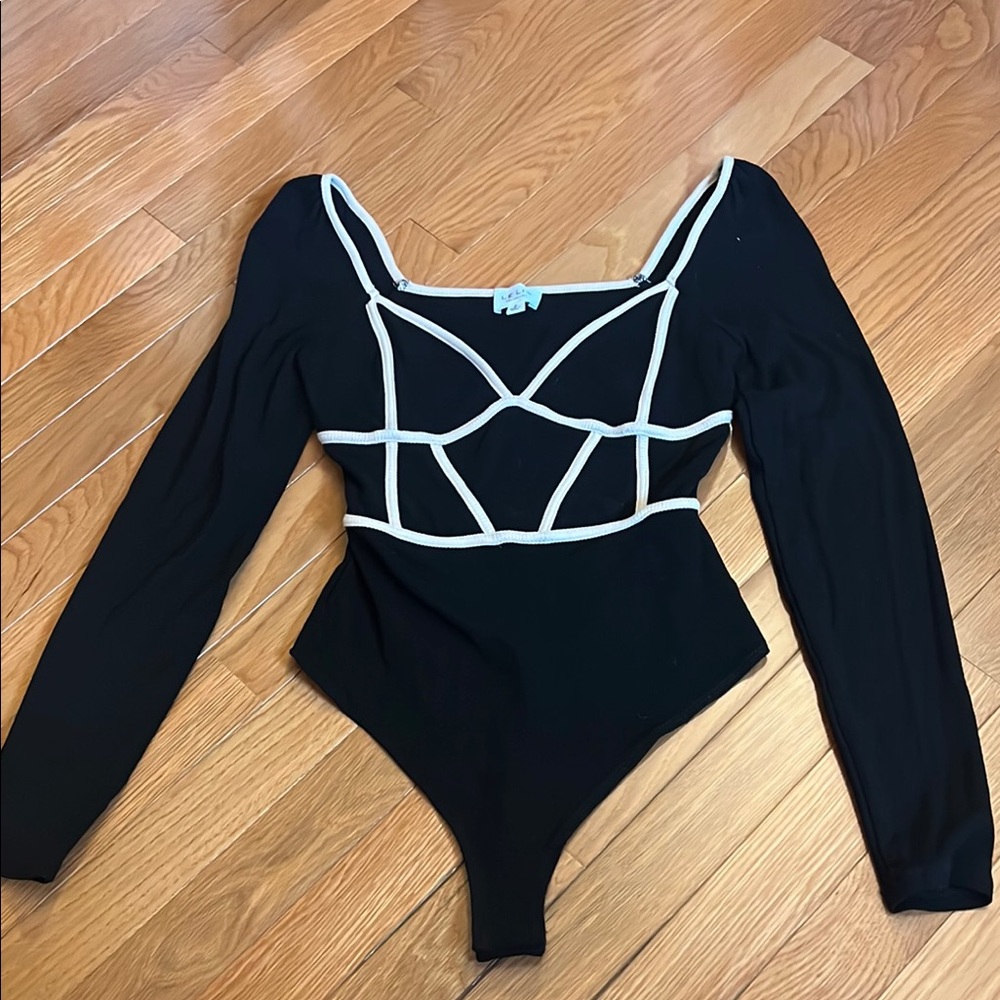 Black Long Sleeve Bodysuit with White Trim